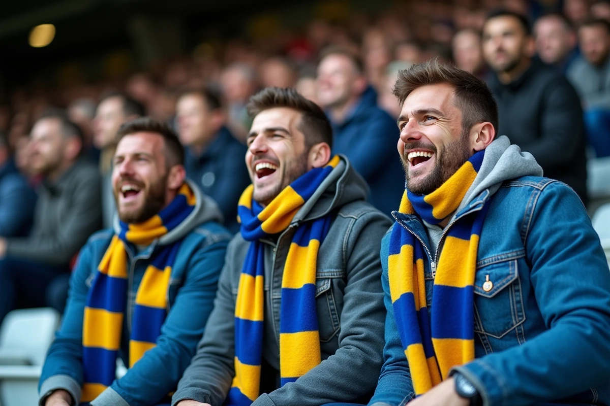 Trois supporters passionnés en écharpes de club bleu et jaune dans les gradins d'un stade, réagissant avec émotion à un match