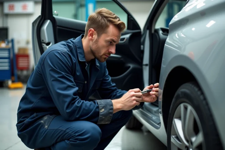 Technicien automobile inspectant le mécanisme de fermeture centralisée d'une Peugeot 308 dans un atelier de réparation
