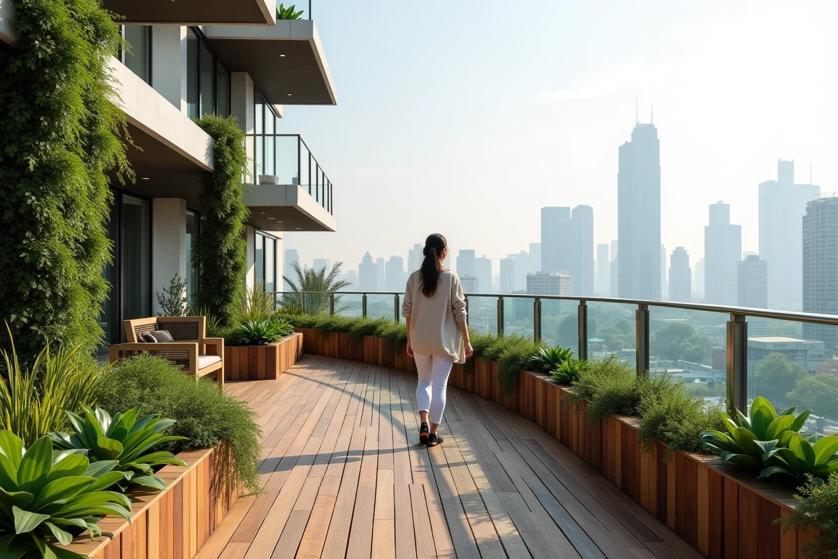 Terrasse végétalisée sur toit d'un immeuble moderne avec jardins verticaux et vue panoramique sur la ville