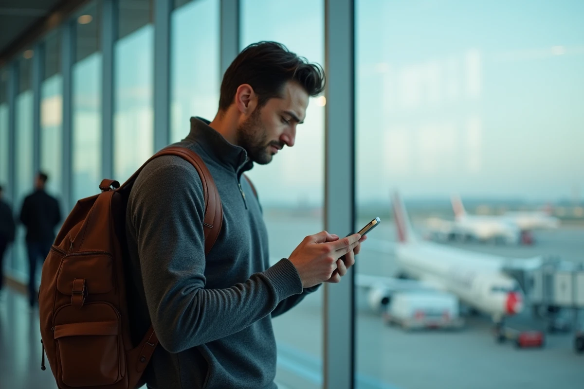 Jeune voyageur consultant son smartphone dans un terminal d'aéroport pour joindre le service client Flying Blue Platinum