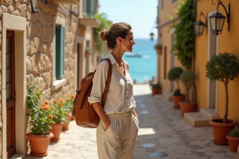 Voyageuse explorant une ruelle pavée d'un village méditerranéen coloré avec vue sur la mer