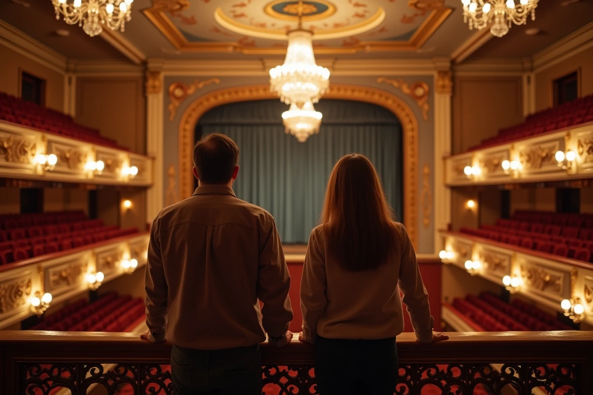 Couple au balcon supérieur du Théâtre Mogador observant la scène en contrebas pour évaluer la vue depuis leurs places